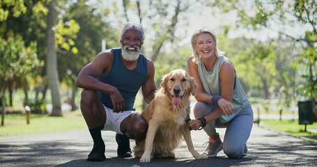 Senior couple, portrait and dog in park with smile, love and care with runner workout and marathon training. Outdoor, health and interracial relationship with pet, animal and golden retriever