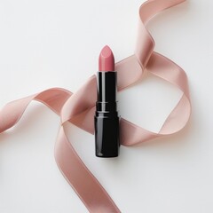 Elegant, delicate lipstick presentation on a silk ribbon.