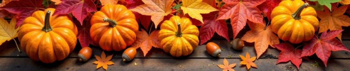Pile of colorful autumn leaves, acorns, pumpkins, on burlap, image, warm