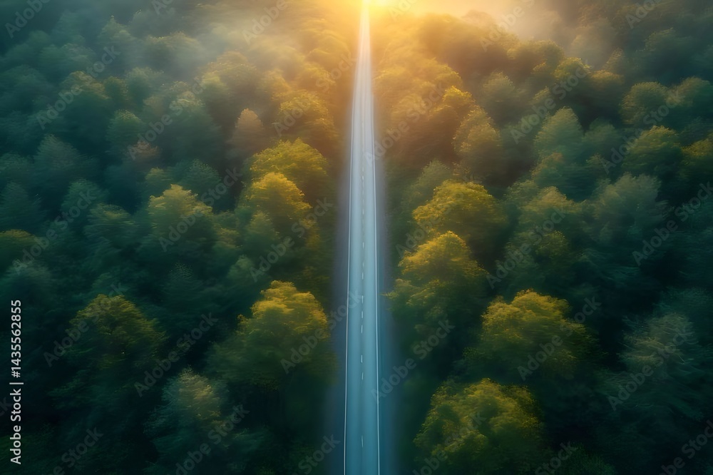 Poster 上空から見た緑豊かな森の中の道路 太陽光線が差し込む美しい風景