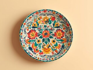 hand-painted decorative plate, isolated on soft cream background, vibrant colors, overhead gallery view