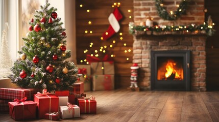 festive christmas interior scene featuring a decorated tree with red ornaments and wrapped presents beside a warm brick fireplace with garlands and soft bokeh lights