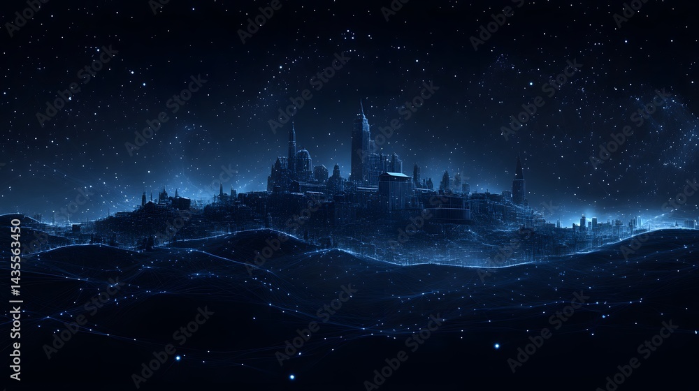 Poster futuristic cityscape glows under a starry night. intricate buildings and a digital network create a 