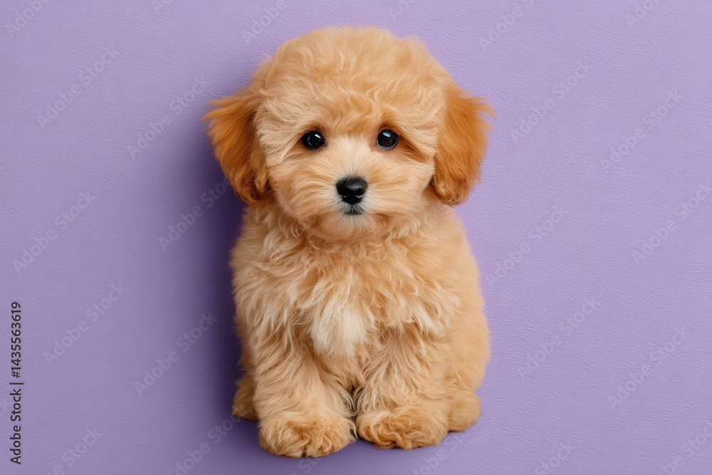 Poster small fluffy puppy sitting on purple studio background with warm soft lighting and centered composit
