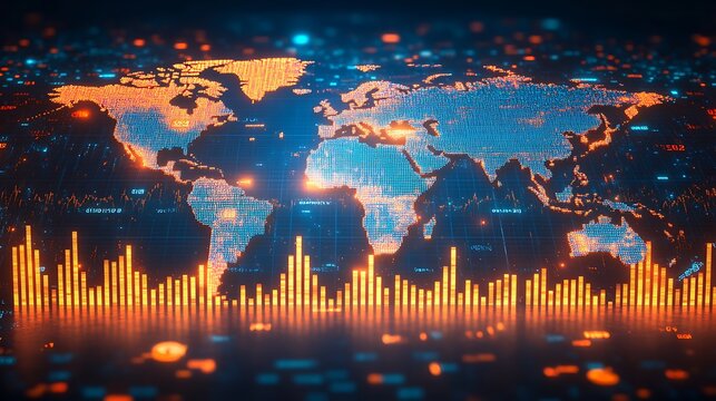 Global financial data visualized on a world map with glowing bar graphs
