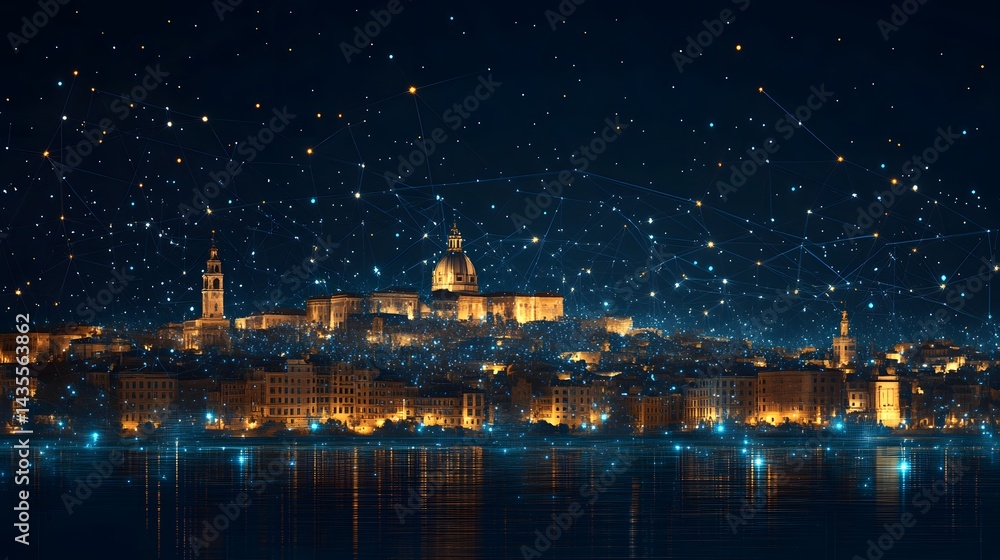 Aufkleber cityscape at night, buildings glow warmly beneath a star-studded sky. a connected network visual ove