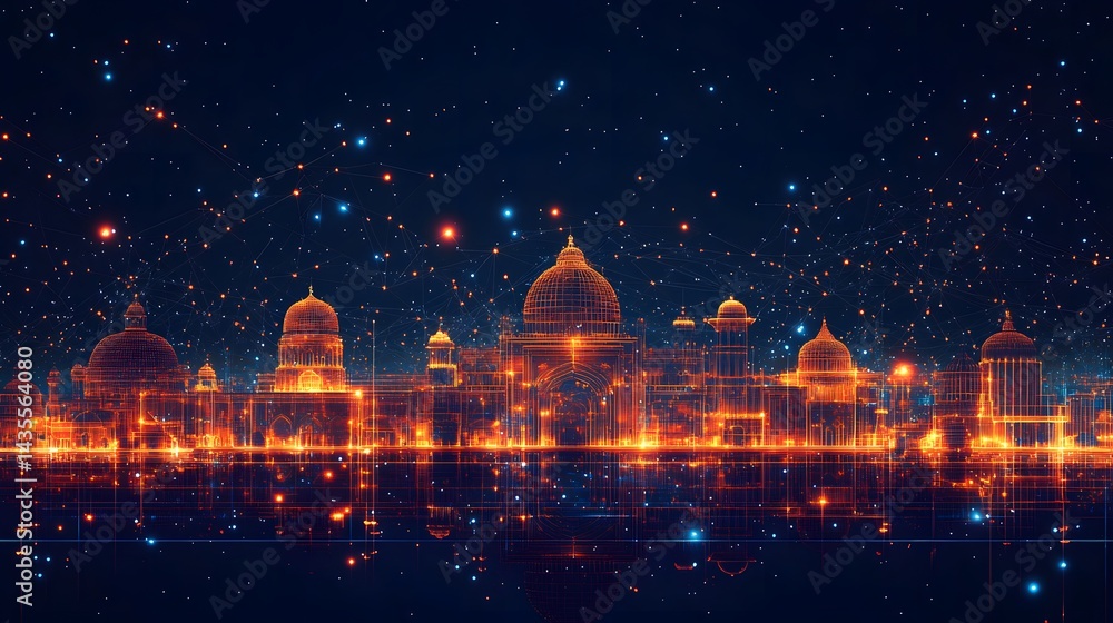 Poster futuristic cityscape blends mughal architecture with neon lights under a starry sky. reflections on 