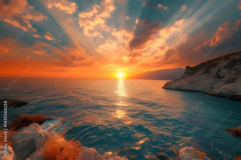 Poster 夕焼けの海と太陽光線が空を染める息を呑むような風景 水面と雲が反射する黄金色の光景