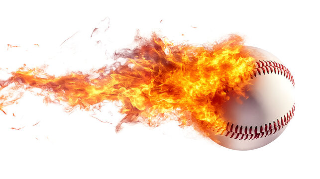 Burning baseball ball flying with flames isolated on white and transparent background, cut out png
