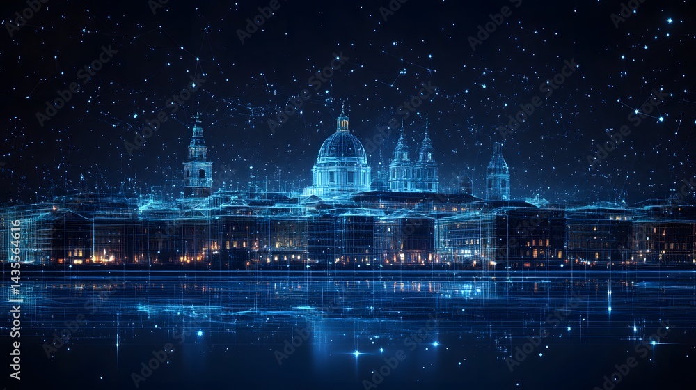 Aufkleber Futuristic cityscape at night glows with blue wireframes. Star-like lights reflect in the water, creating an ethereal scene. Classic architecture meets modern tech. Abstract wireframe in dark blue.