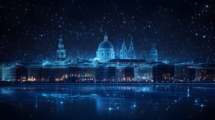 Obraz premium Futuristic cityscape at night glows with blue wireframes. Star-like lights reflect in the water, creating an ethereal scene. Classic architecture meets modern tech. Abstract wireframe in dark blue.