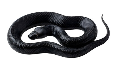 "A sleek black snake coiled gracefully on a pure white background, showcasing its glossy scales, smooth texture, and sharp, elegant features in a minimalistic flat lay style."