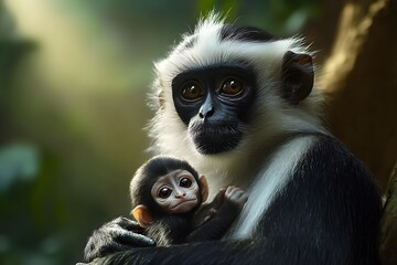 A mother and baby monkey sit together in a close embrace with a soft focused green background behind them