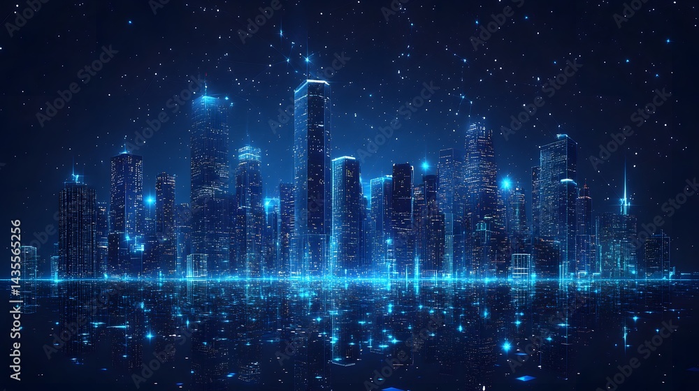 Poster night cityscape featuring illuminated skyscrapers reflecting in water, evoking a futuristic digital 