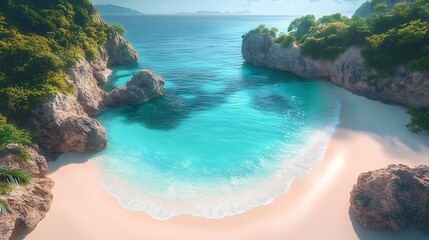 Fototapeta premium Aerial view of beautiful tropical beach lagoon with turquoise water and rocks paradise landscape