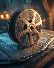 Obraz premium Vintage film reel placed on wooden table.