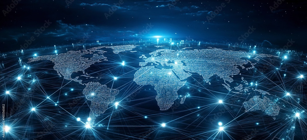 Poster abstract blue background with a world map and global network connection technology. digital illustra