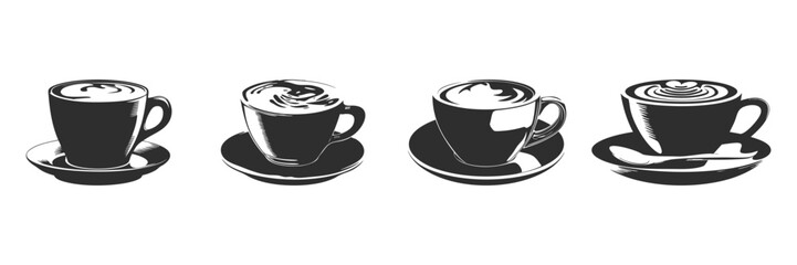 Coffee Cup Silhouettes Set. Variety Of Coffee Drinks In Artistic Style Isolated Vector Illustration Collection