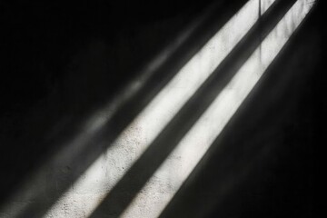 Sunlight streams through a barred window, casting dramatic shadows on a textured wall