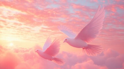 Adorable white spirits flying through a soft, pastel sunset sky, their wings glowing with a faint light 