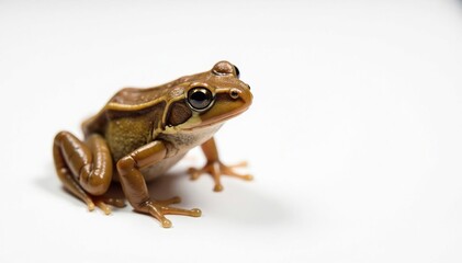 Obraz premium Small brown frog on plain white, wet skin texture, wildlife, brown frog, brown