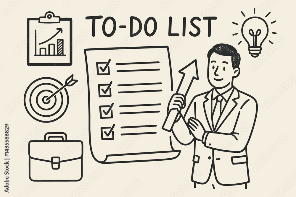 Poster man is holding a piece of paper with a to do list on it