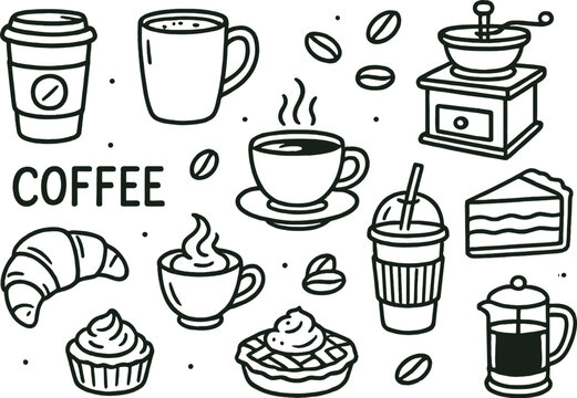 Collection of coffee related items including cups, cakes, and pastries