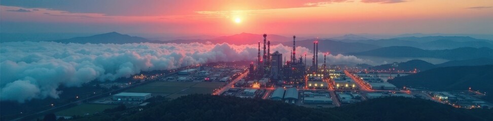 Dawn smog over metallurgical plant, aerial view, sky, clouds