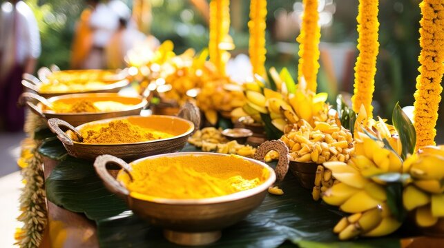 Indian wedding haldi setup with turmeric bowls, mango leaves, and yellow decor