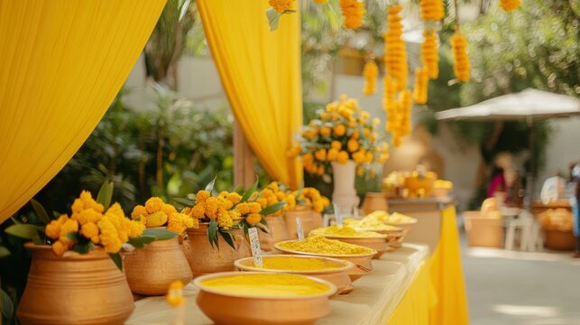 Indian wedding haldi setup with turmeric bowls, mango leaves, and yellow decor