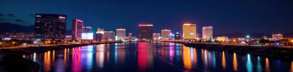 Iconic Vegas Strip skyline at night, glittering lights reflected in dark waters , water, scenic, dark