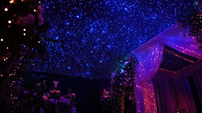 Night wedding decor with starry sky projection, fairy lights, and glowing mandap