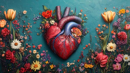 Heart health floral art print cardiovascular system flower garden anatomy medical illustration valentine gift 100