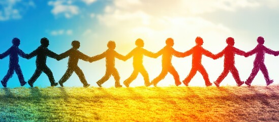 Unity of diverse people walking in a field under a colorful sky. Possible use social media post, diversity poster, inspirational image