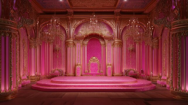 Royal pink and gold theme Indian wedding stage with ornate background