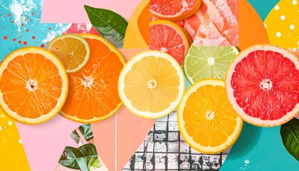 Vibrant Citrus Collage with Geometric Shape