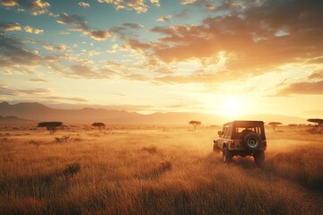 Off-road vehicle in savanna landscape at sunset.