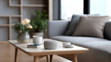 Modern Living Room with Digital Home Assistant and Wireless Hub