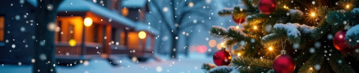 Outdoor Christmas tree, snowfall, beautiful snow light bokeh , lights, winter wonderland, snow falling