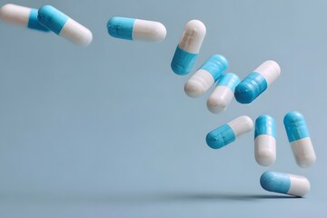 Blue and White Capsules Falling on a Light Blue Background Pharmaceutical Medicine Healthcare