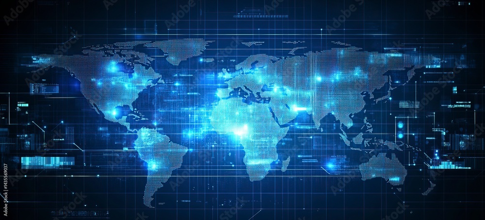 Poster abstract blue background with a world map and global network connection technology. digital illustra