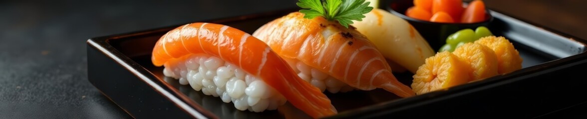 Japanese bento set with sushi, tempura, and pickles on black lacquer tray, black background, food, bento