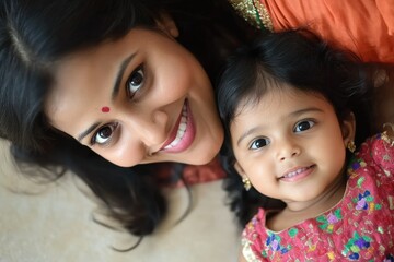 A smiling Indian mother and her adorable baby girl share a tender moment, capturing their loving bond.