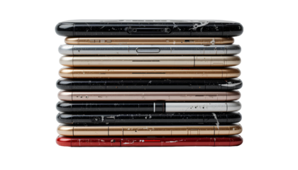Stack of use smartphones in bad condition isolated on transparent background 