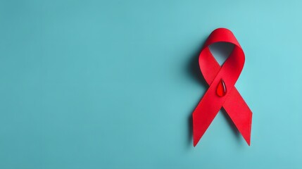 Red Ribbon Awareness Symbol on Teal Background Blood Donation Support
