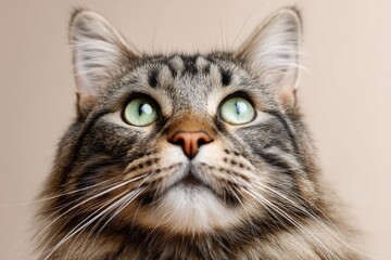 Tabby cat face with green and brown eyes looking upwards captured in close framing with visible whiskers and emotional detail on soft beige backdrop in realistic pet portrait