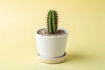 mini cactus plant in white pot on light yellow background.