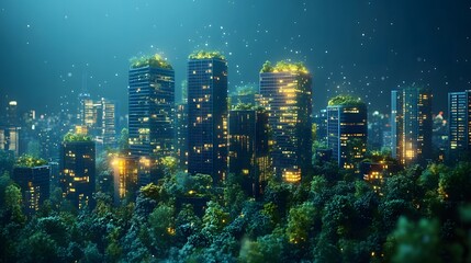 Fototapeta premium Urban utopia at night merges nature and city life. Skyscrapers rise above lush trees, topped with rooftop gardens. Lights glow warmly, creating a dreamy cityscape. Abstract wireframe in dark blue