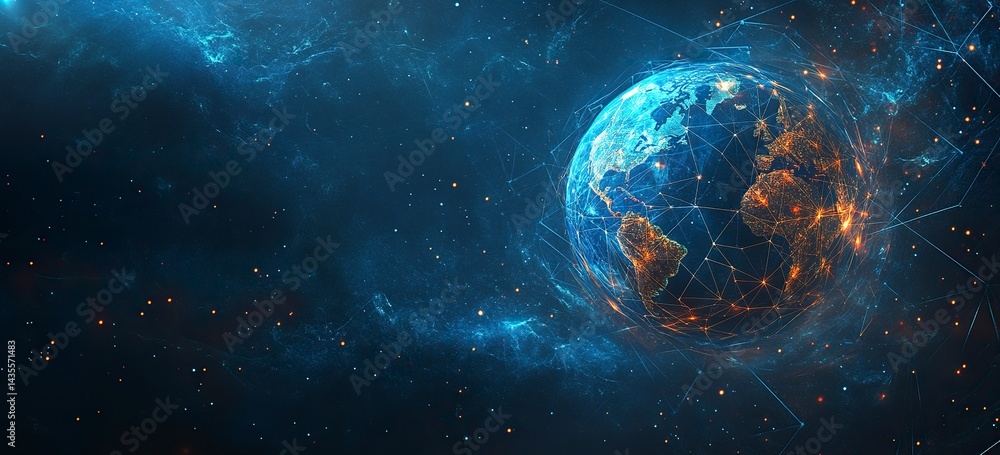 Poster abstract blue background with a world map and global network connection technology. digital illustra