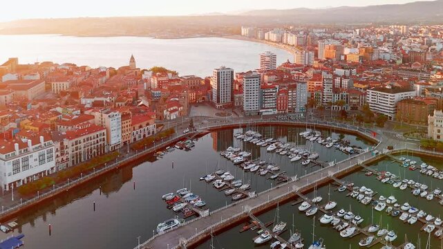 Aerial view of Gijon old town at sunrise, Asturias, Spain